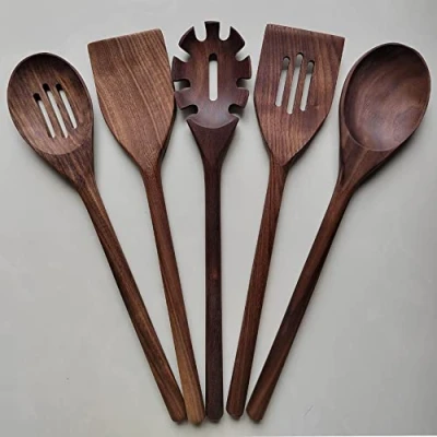 Image of BOTOWI Black Walnut Kitchen Utensil Set Cooking Wooden Spatula Spoon for Stirring Mixing Serving Spoons 14&quot; Utensils Cooking,5pcs