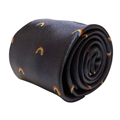 Image of Frederick Thomas navy men s tie with rainbow embroidered design