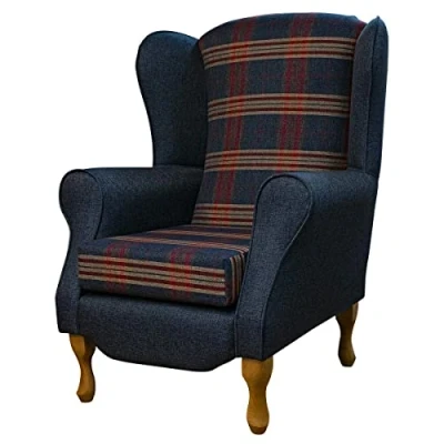 Image of Beaumont Blue Red Tartan Check Thick Padded Comfort Wingback Armchair 100% British Handmade