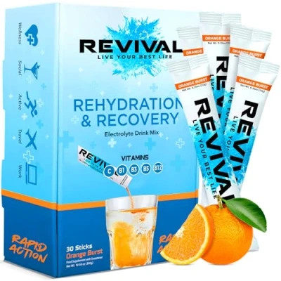 Image of Revival Rapid Rehydration Electrolytes Powder High Strength Vitamin C, B1, B3, B5, B12 Supplement Sachet Drink, Effervescent Electrolyte Hydration Tablets 30 Pack Orange