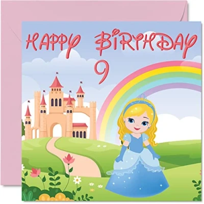 Image of 9th Birthday Card Girl Princess Castle Happy 9 Year Old Girl, Girls Nine Ninth Cards for Her, 145mm x Greeting Daughter Niece Granddaughter Kid Children