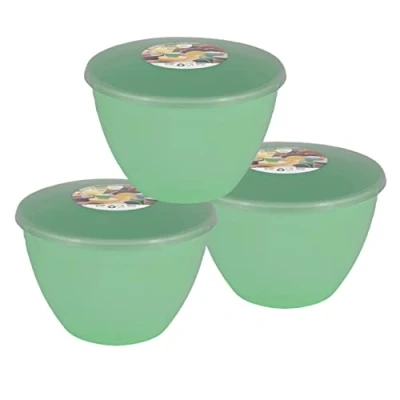 Image of Just Pudding Basins Pastel Colours 2 Pint 1.14 Litre Basin and Clear Lid Pack of 3 Plastic Steaming Bowls (Green)