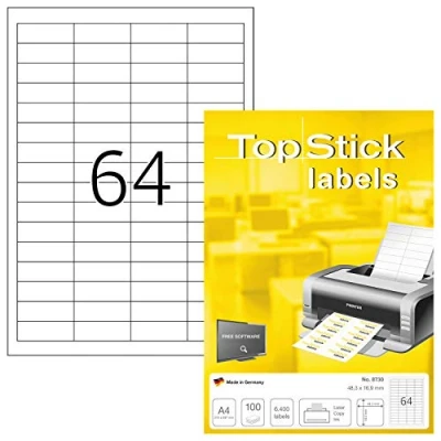 Image of TopStick Self Adhesive Multipurpose Labels, 64 Labels per A4 Sheet, 100 Sheets, 48.3 x 16.9 mm, 6400 Blank Universal Stickers, Sticky for Laser &amp; Inkjet Printer, White