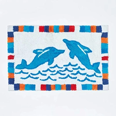 Image of HOMESCAPES 100% Cotton Washable Tufted Dolphins Rug Blue White 50 x 85 cm Bath Mat or Children&#039;s