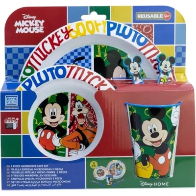 Image of Favourite 2023 Hero Cartoon Character 5pc Breakfast Set Inc Plate, Tumbler, Bowl, Fork, Spoon re usable Plastic (Mickey Mouse)
