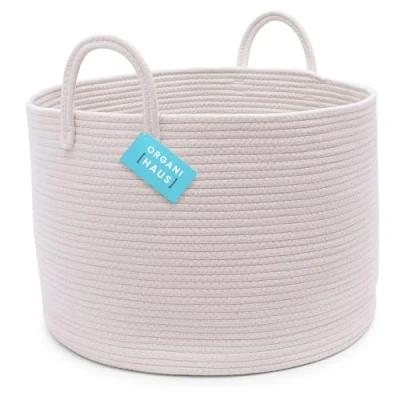 Image of OrganiHaus Large White Basket for Storage, Cotton Rope Basket, Blanket Baby Laundry Woven Toy Storage Round Shoes 50x33cm