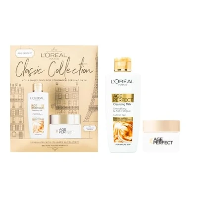 Image of L’Oréal Paris Gift Set, Includes Cleansing Milk and Moisturiser, Age Perfect Collagen Anti Ageing Routine For Smoothing Retightening, Classic Collection