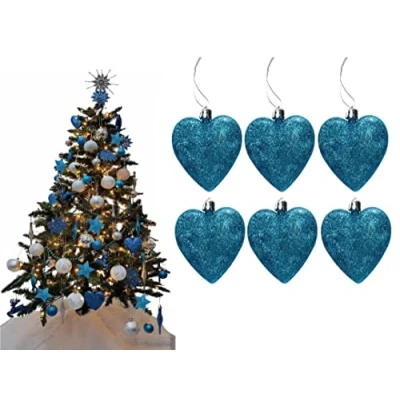Image of Simply Products 6 Heart Baubles Great Christmas Tree Decorations, Glitter (Turquoise Glitter)