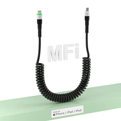 Image of [MFi Certified] Coiled Lightning Cable for Apple CarPlay, USB C iPhone Charger Cord PD 27W Fast Charging with Data Sync &amp; LED, Short White