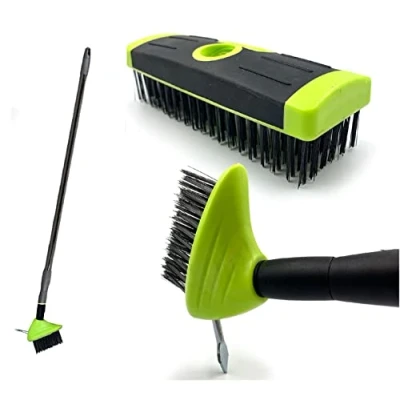 Image of Weed Brush Broom Twin Heads Set 3 in 1 Extendable Telescopic Handle Paving Garden Patio Cleaner Remove &amp; Moss from Block Path and Driveway (Green/Black)