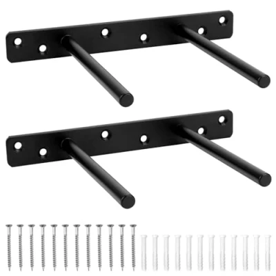 Image of QWORK® 2 Pack Floating Shelf Bracket 6 Inch 150 mm Double T Design Heavy Duty Hidden Concealed Wall Brackets with Mounting Screws Solid Steel Matt Black