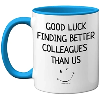 Image of Leaving Gifts for Colleagues Women Men, Good Luck Finding Better Than Us Coffee Mug Cup, 11oz Blue Handle Ceramic Mugs Dishwasher Safe, New Job Gifts, Presents