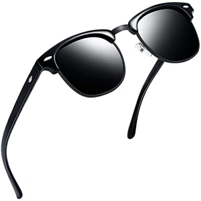 Image of Joopin Semi Rimless Polarised Sunglasses for Men, UV400 Protection Classic Horn Rimmed Half Frame Womens Sunglasses(Black Black Lens)