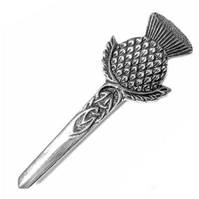 Image of Round Emblem Thistle Scottish Kilt Pin Chrome Finish Highland Wear