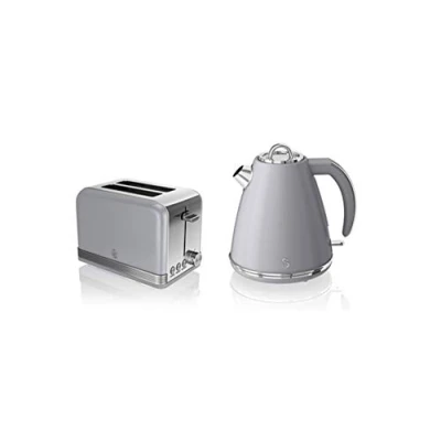 Image of Swan, STP7040GRN, Retro 1.5L Jug Kettle &amp; 2 Slice Toaster, Stainless Steel Body, 3kw, Slide Out Crumb Tray, Auto Centering (Grey)