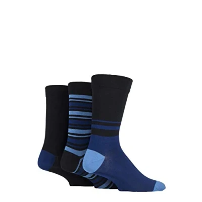 Image of 3 Pair Black / Blue Comfort Cuff Gentle Bamboo Striped and Plain Socks with Smooth Toe Seams Men&#039;s 7 11 Mens SOCKSHOP