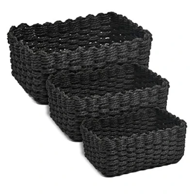Image of DODUOS 3Pcs Woven Storage Baskets, 3 Sizes Recycled Paper Rope Organizer, Black Basket Braided Multipurpose Organiser Box for Cupboard Drawer Closet Shelf Dresser