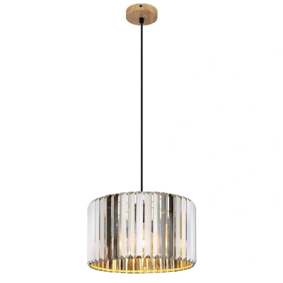 Image of Run Pendant Ceiling Light Wood Look K5 Crystals Smoke Colored 1x E27