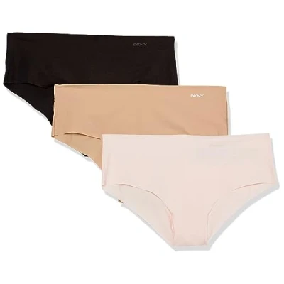 Image of DKNY Women&#039;s Litewear Cut Anywhere Hipster Panties 3 Pack Box Multipack, Black/Glow/Pearl Cream, M