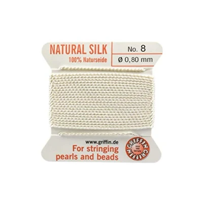 Image of Griffin 100% Natural Silk Beading Cord String Thread White 2 metres with one Needle Size 0.80mm