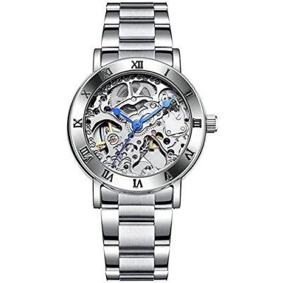Image of MASTOP Women&#039;s Watches Automatic Steampunk Self Winding Mechanical Silver Bracelet Ladies Skeleton Wrist Watch, Silver, Luxury