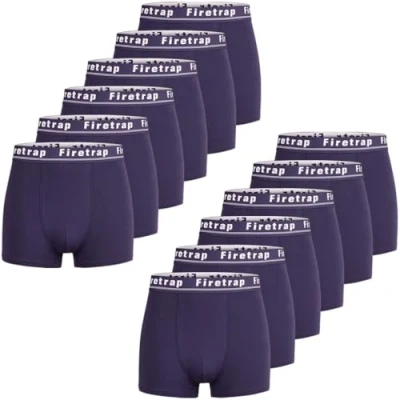 Image of Firetrap Mens 12 Pack Designer Boxer Shorts, Underwear Gift Set Trunks Comfortable Stretch Cotton Plain Colours Briefs All Blue L