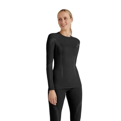 Image of FALKE Women&#039;s Wool Tech Round Neck W L/S SH Functional Yarn Quick Dry 1 Piece Base Layer Top, Black (Black 3000), L