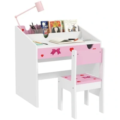 Image of AIYAPLAY Kids Desk and Chair Set, Children Study Table with Storage, Pull out Drawer, for Bedroom Playroom, Nursery, Gift 3 6 Years Old, Bow Pattern Pink