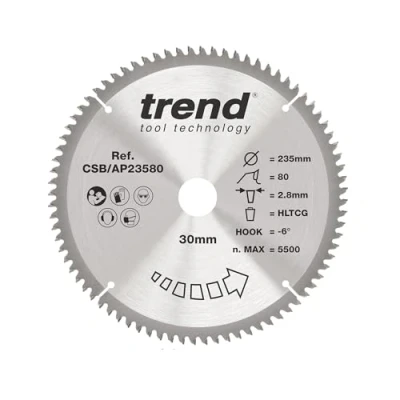 Image of Trend Aluminium &amp; Plastic Circular Saw Blade, 235mm Diameter, 30mm Bore, 80 Teeth, 2.8mm Kerf, 6 Hook, TCT, Extra Fine Finish, CSB/AP23580