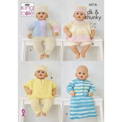 Image of King Cole Double Knit Chunky Knitting Pattern Dolls Clothes Premature Baby Suitable (6216)
