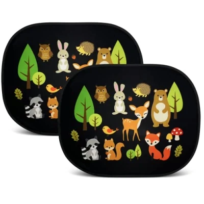 Image of HECKBO 2x car sun visor with 8 suction cups Forest animals 44x36cm window side sunshade for baby kids girls boys incl. Bag