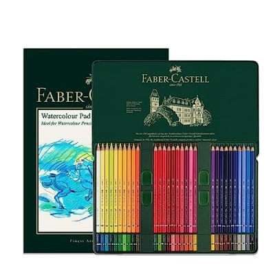 Image of Faber Castell A4 Watercolour Pad &amp; Tin Of 60 Albrecht Dürer Pencils Art Set For Adult Colouring Books, Craft Supplies, Drawing, Sketching, Lightfast Pencils, Schools, Home, College…