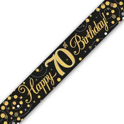 Image of 9ft Banner Sparkling Fizz 70th Birthday Black &amp; Gold Holographic