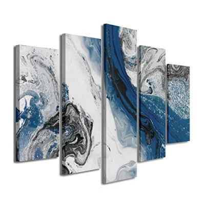 Image of Wallfillers Abstract Blue and Grey Swirl Canvas Wall Art 5465 160x75cm
