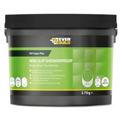 Image of Everbuild 701 Non Slip Tile Adhesive Ready Mixed Acrylic Based Easy To Apply High Strength White 3.75kg