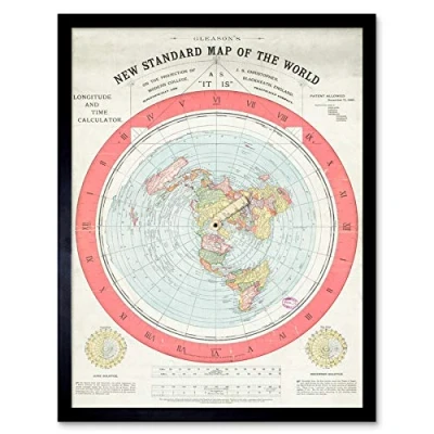 Image of Artery8 Map Gleason 1892 World Time Calculator Flat Earth Art Print Framed Poster Wall Decor 12x16 inch
