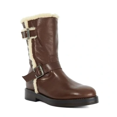 Image of Dune Ladies PIXO Faux Shearling Lined Boots Size UK 6 Block Heel Biker Brown