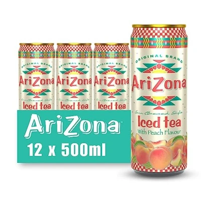 Image of Arizona Peach Iced Tea, Pack of 12 x 500ml Cans, Delicious Fruit Tea Drink, No Artificial Colours, Preservatives
