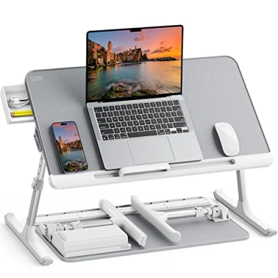 Image of SAIJI Laptop Bed Tray Table, Adjustable PVC Leather Portable Standing Desk with Storage Drawer, Foldable Lap Tablet Table for Sofa Couch Floor (Nature)