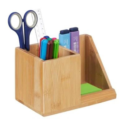 Image of Desk Organiser, Bamboo, 2 Sections, Office Supplies &amp; Cosmetics, Pencil Box, 10.5 x 17.5 cm, Natural Relaxdays