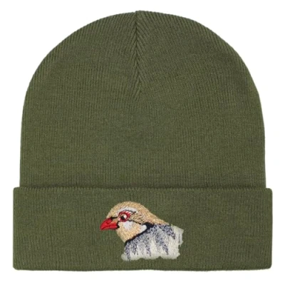 Image of TeddyT&#039;s Red Legged Partridge Embroidered Luxury Soft Rib Beanie Hat (Khaki Green)