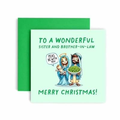 Image of Huxters Christmas Cards for Women Peas be with you Mary Jesus Sister and Brother in Law Happy Funny Card (Sister Law)