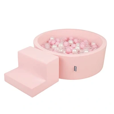 Image of KiddyMoon Foam Playground For Kids With Round Ballpit (200 Balls ∅ 7Cm/2.75In) Soft Obstacles Course And Ball Pool Made In EU, Pink:Powder Pink/Pearl/Transparent