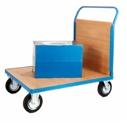 Image of Single Veneer End Platform Truck; Fixed/Swivel Castors; Blue/Veneer