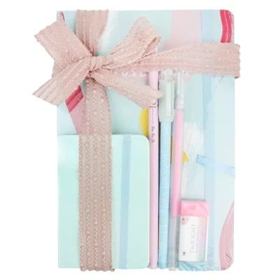 Image of Emartbuy Cool Stationery Unique Gift Set with Pastel A5 and A7 Notebook Journal Pen Pencil Eraser in Ribbon Pink