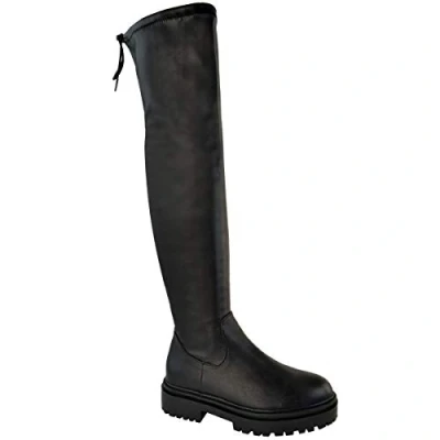 Image of Womens Over The Knee Stretchy Boots Ladies Low Flatform Heel Lace Up Tied Outdoors Comfort Boot Grip Sole Casual Walking Rain Shoes Warm Winter Snow Gusset Riding Black
