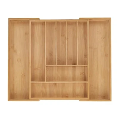 Image of Relaxdays Cutlery Tray, 7 9 Compartments, 5 x 32.5 53.5 43 cm, Extendable Drawer Organiser, Bamboo, Kitchen, Natural, Silicone
