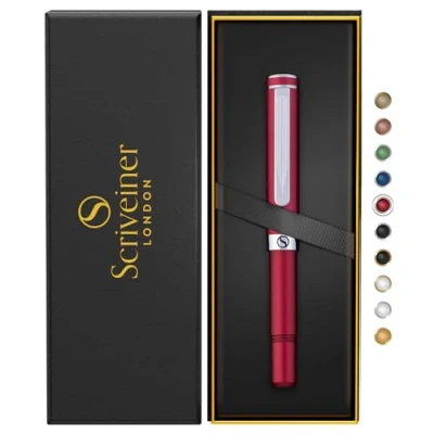 Image of Scriveiner Red Rollerball EDC Luxury Pen, Stunning Pocket Pen with Chrome Finish, Cool Writing Best Gift for Men &amp; Women, German Schmidt Refill, Nice Present, Fancy Office Designer Set
