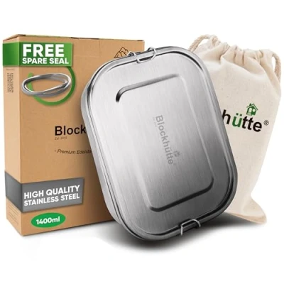 Image of Blockhütte Premium Stainless Steel Lunch Box I 1400ml 3 Compartments, Spare Seal Metal Food Containers, Bento Boxes for Adults, Kids 2 Movable, Removable Divider Leakproof