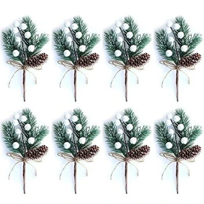Image of Vanessanty White Christmas Berries/Berry Stems Pine Branches &amp; Artificial Cones/White Holly/Wreath Picks for Decor